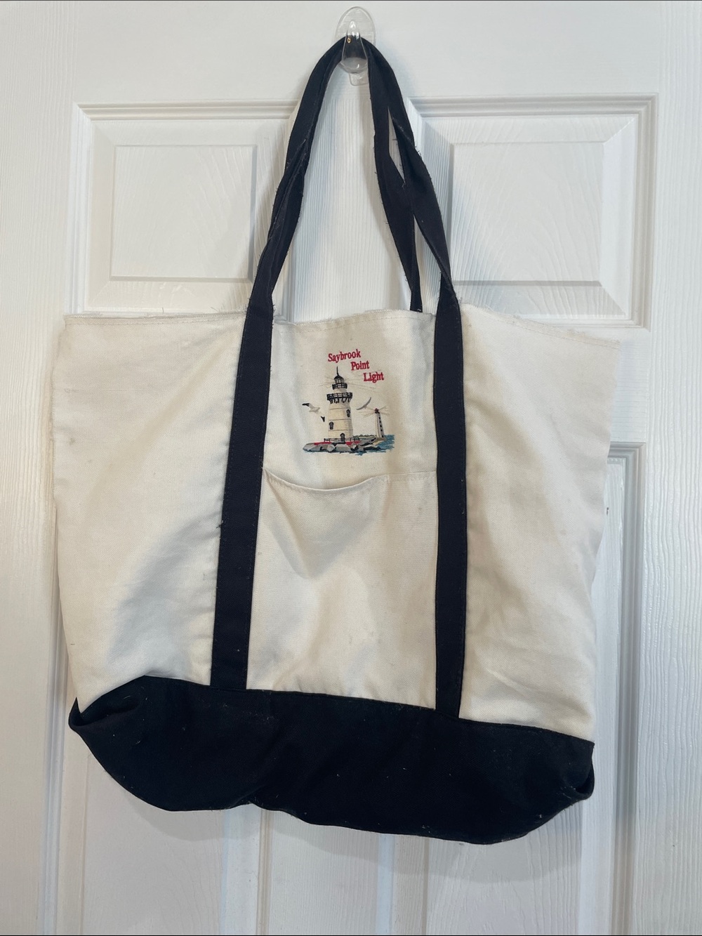 Vintage 90s Old Saybrook CT point light embroidered lighthouse Canvas Tote Bag